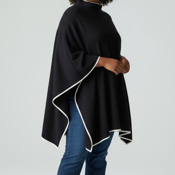 NWT Talbots Navy Funnel Neck Poncho 2X Cotton Blend White Trim Asymmetrical Hem - Picture 1 of 16